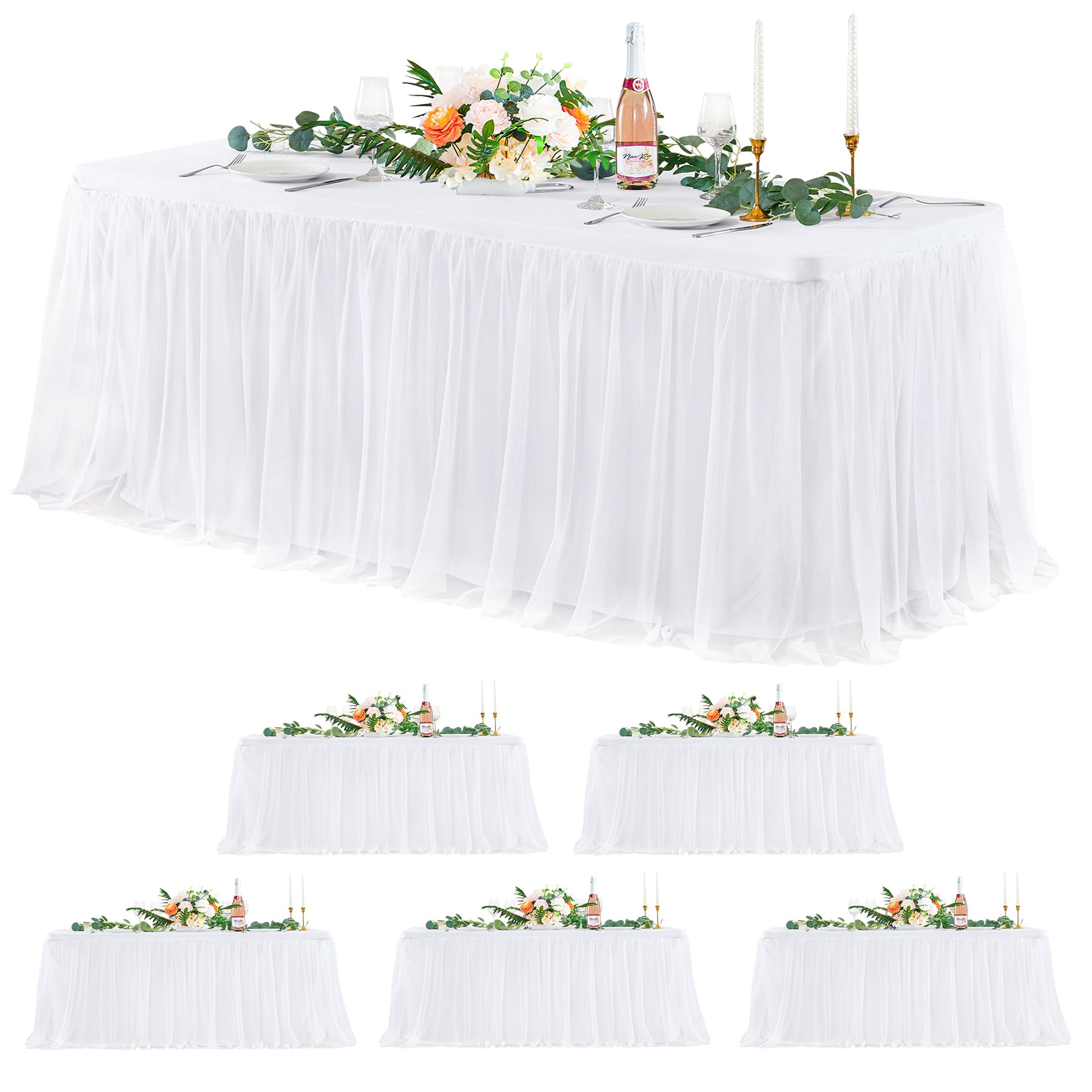 Photo 1 of 6 Pack White Tulle Tablecloths for 8 Foot Rectangular Tables, 8ft White Tulle Table Skirt, Wrinkle Free Table Cover with Tutu Skirt for Wedding Bridal Shower Birthday Party Banquet Buffet Cake Event