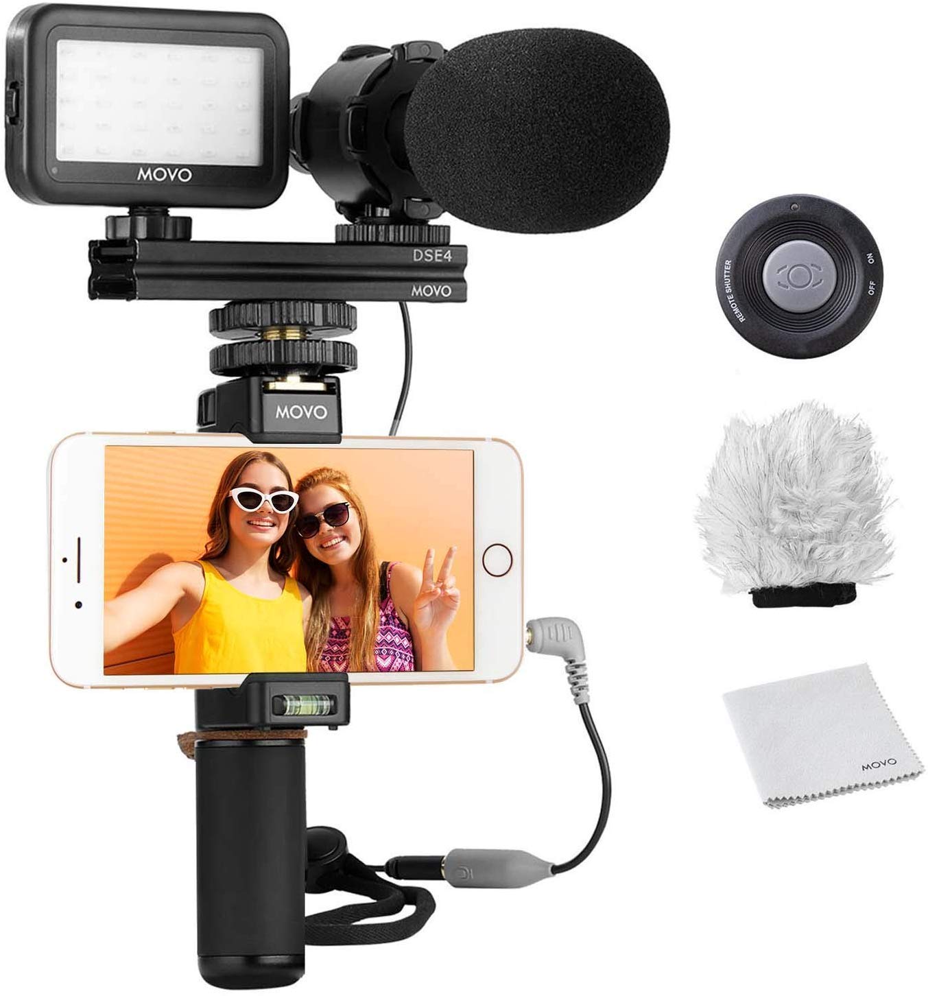 Movo Smartphone Vlogging Kit V7 with Grip Rig, Stereo Microphone, LED