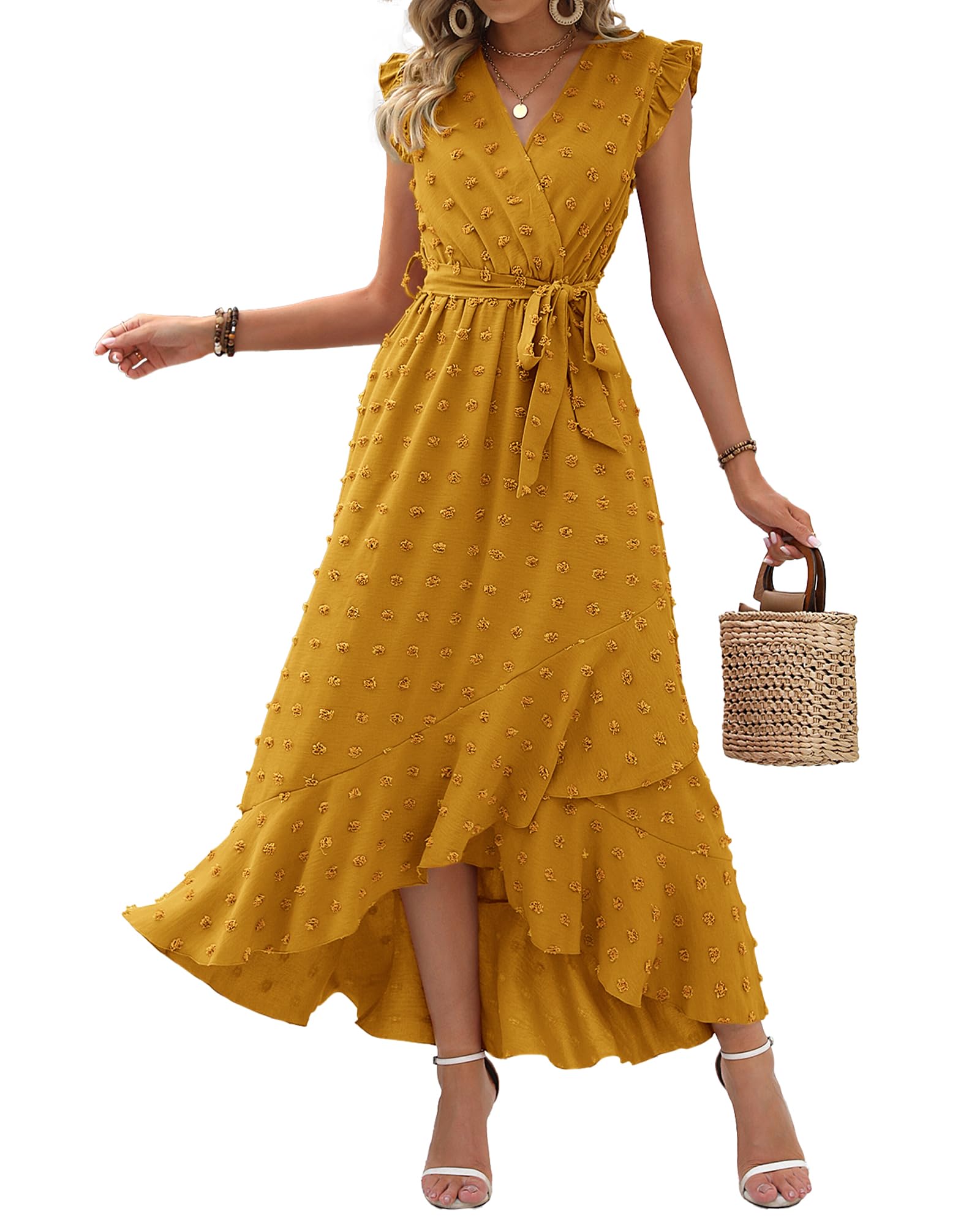 Photo 1 of BTFBM Women V Neck Summer Dress 2025 Cap Sleeve Swiss Dot Boho Flowy Ruffle Slit Beach Party Long Maxi Cocktail Dresses(Yellow, Medium)