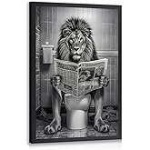 kilamino Wood Framed Funny Bathroom Wall Art, Majesty Lion Reading Newspaper on Toilet Wall Decor, Black and White Animal Art Print, Funny Animal Canvas Painting for Bathroom Restroom Farmhouse 12"x16"
