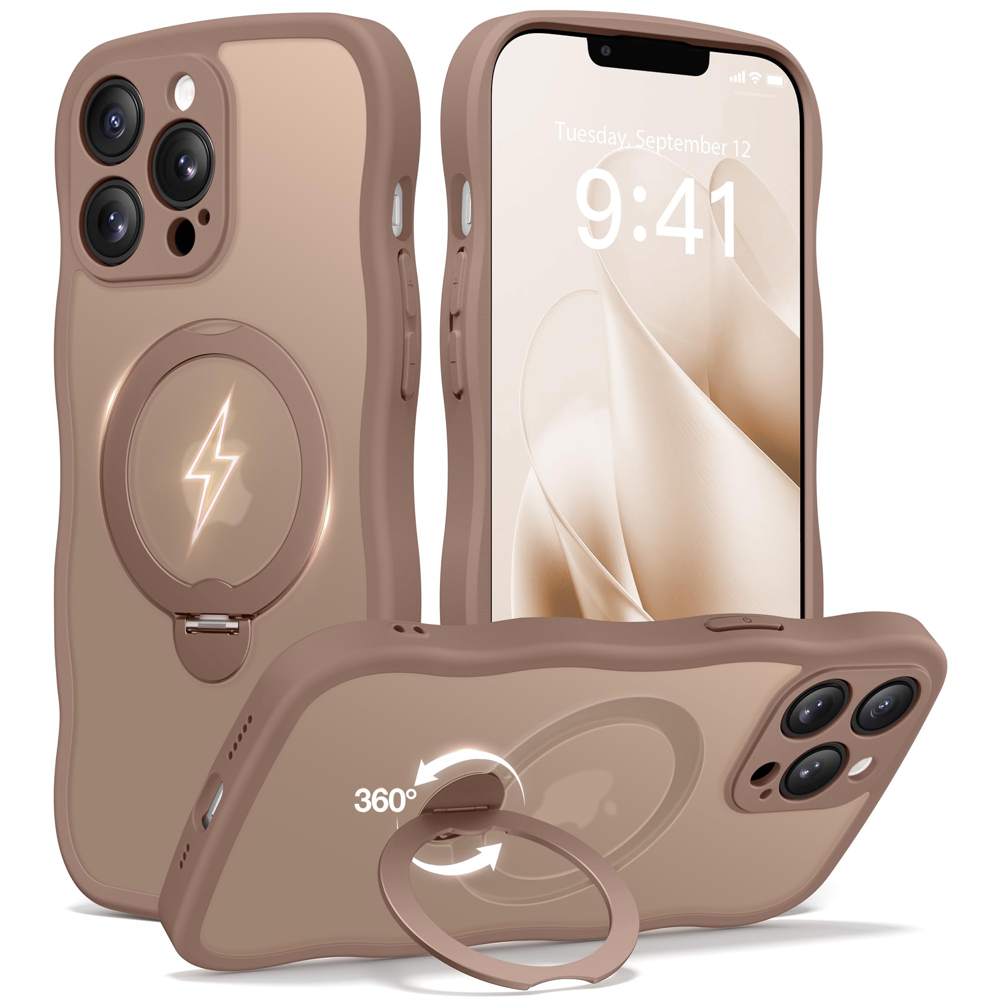 CAPRARO for iPhone 13 Pro Case with 360° Spin Magnetic Stand for Women, [Compatible with MagSafe] [Full Camera Protection] Cute Wave Translucent Matte Case for iPhone 13 Pro, Brown