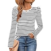 MEROKEETY Women's Puff Long Sleeve Striped Tops Crew Neck 2025 Fall Casual Knit Basic Tee Shirts