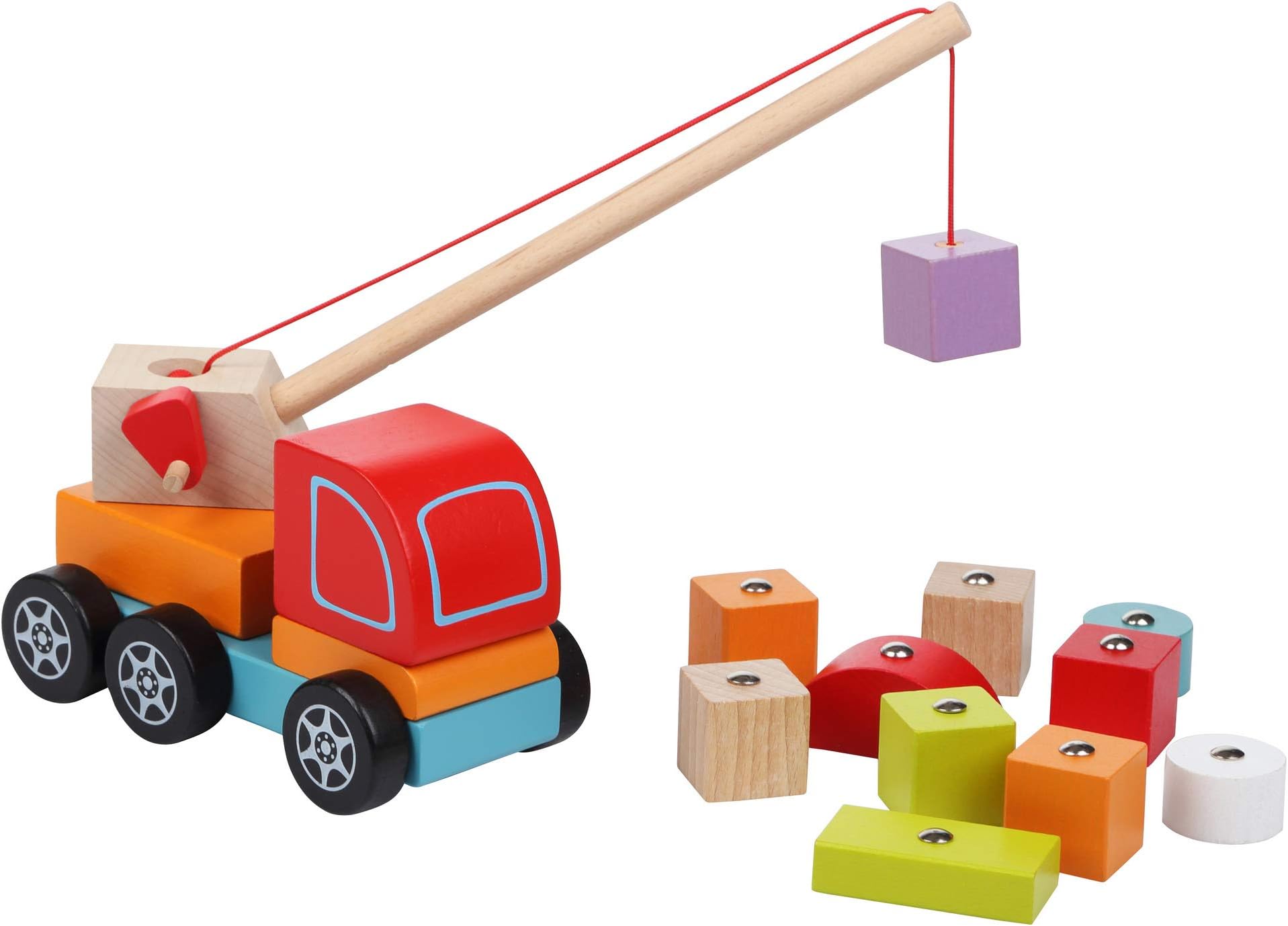 Wise Elk Wooden Toy Car Crane for Toddlers, Greaf Gift for Kids from 18 Month, Learning Truck with Crane for Kids with Bright Blocks, Color and Shape Sorter.