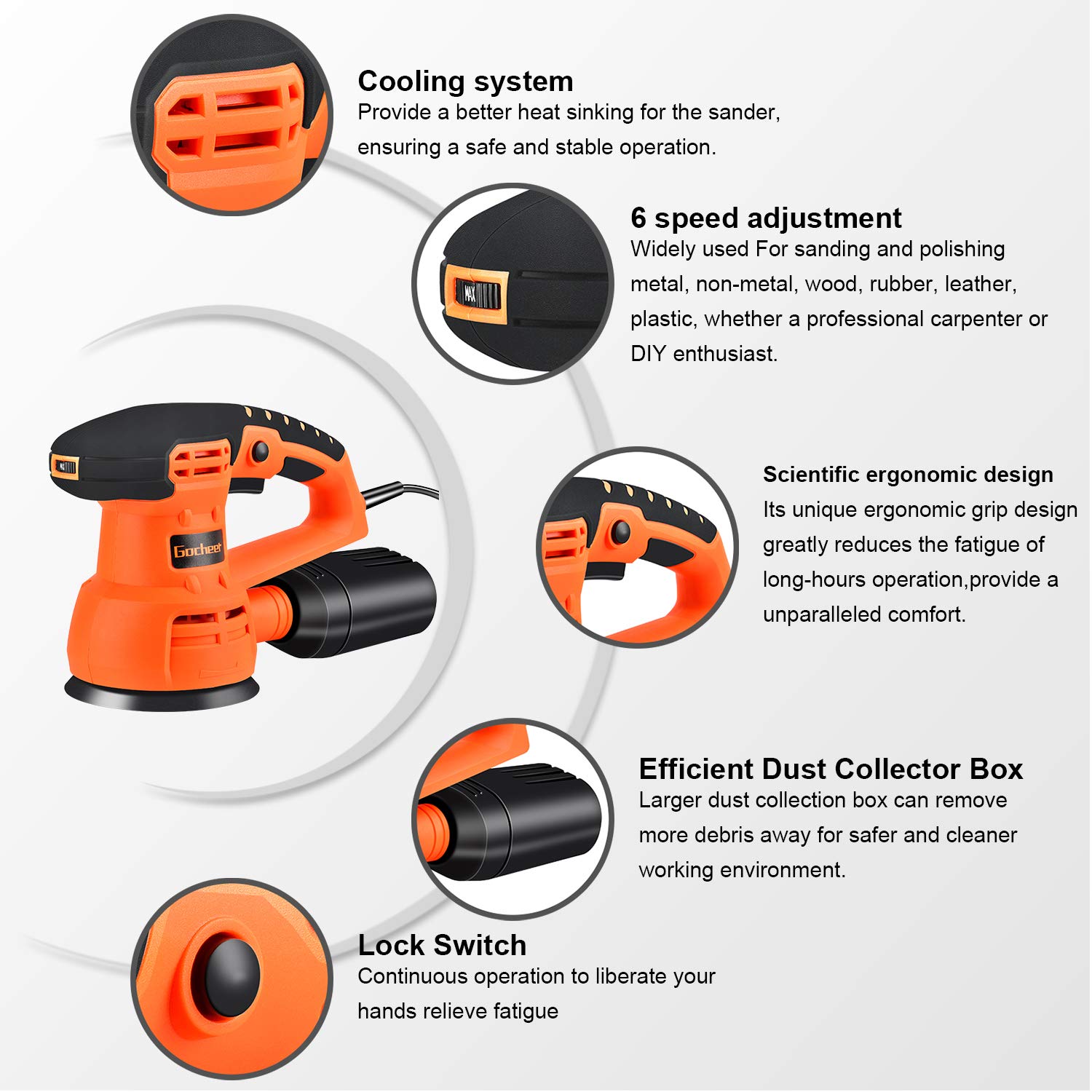 Exzenterschleifer, Gocheer Schleifmaschine 400W,6 Variable Speed,Ø125 mm,5000-13000 RPM Motor mit Reinigung und Staubsammelung System,Bequemer Griff,10 Stück Schleifpapier(3*80＃/ 3*120＃/ 4*240＃)
