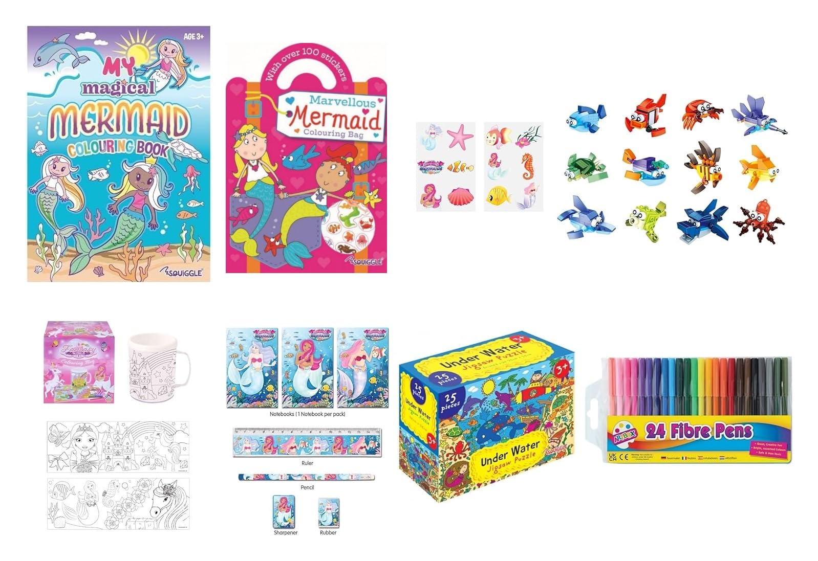 Anila's Mermaid Activity Set with Colouring, Sticker & Activity Books, Puzzle, Tattoos, Colouring Mug, Construction Building Set, Stationery & Felt Tips.(Perfect for Ages 4-8)