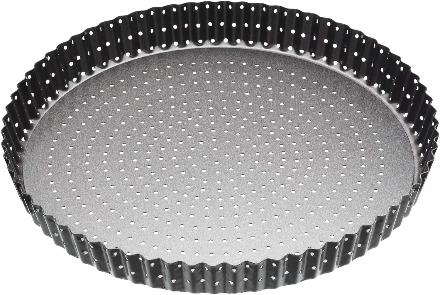 MasterClass Crusty Bake 28 cm Perforated Quiche Tin with PFOA Non Stick and Loose Bottom, Fluted, Robust 1 mm Carbon Steel, Black