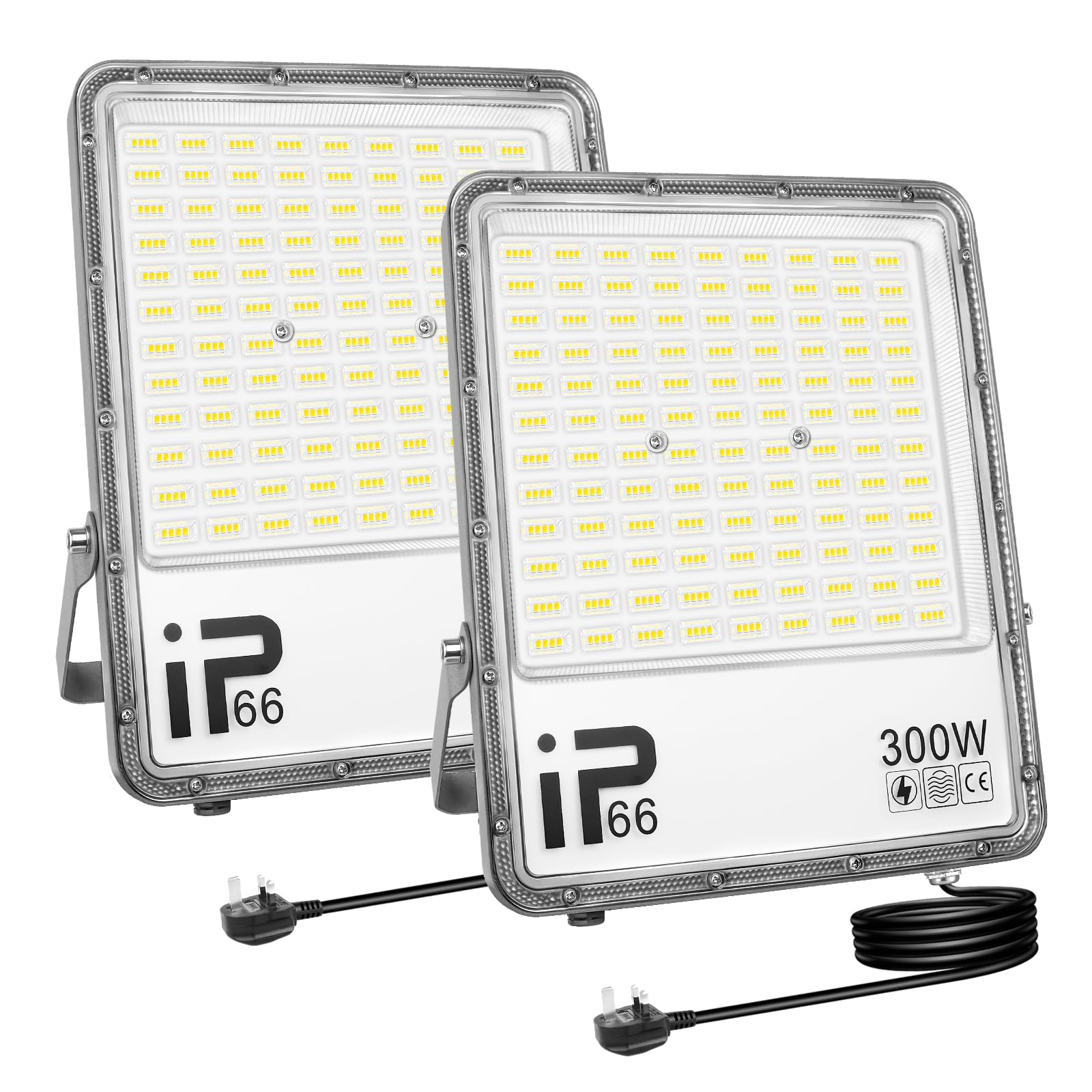 RIGIDON 2Pcs 300W LED Flood Light Outdoor with 1.5M Plug, 30000LM Super Bright Outdoor Lights 6000K Daylight White IP66 Waterproof Security Lights for Garden, Garage, Yard, Sports Ground, Patio, Porch