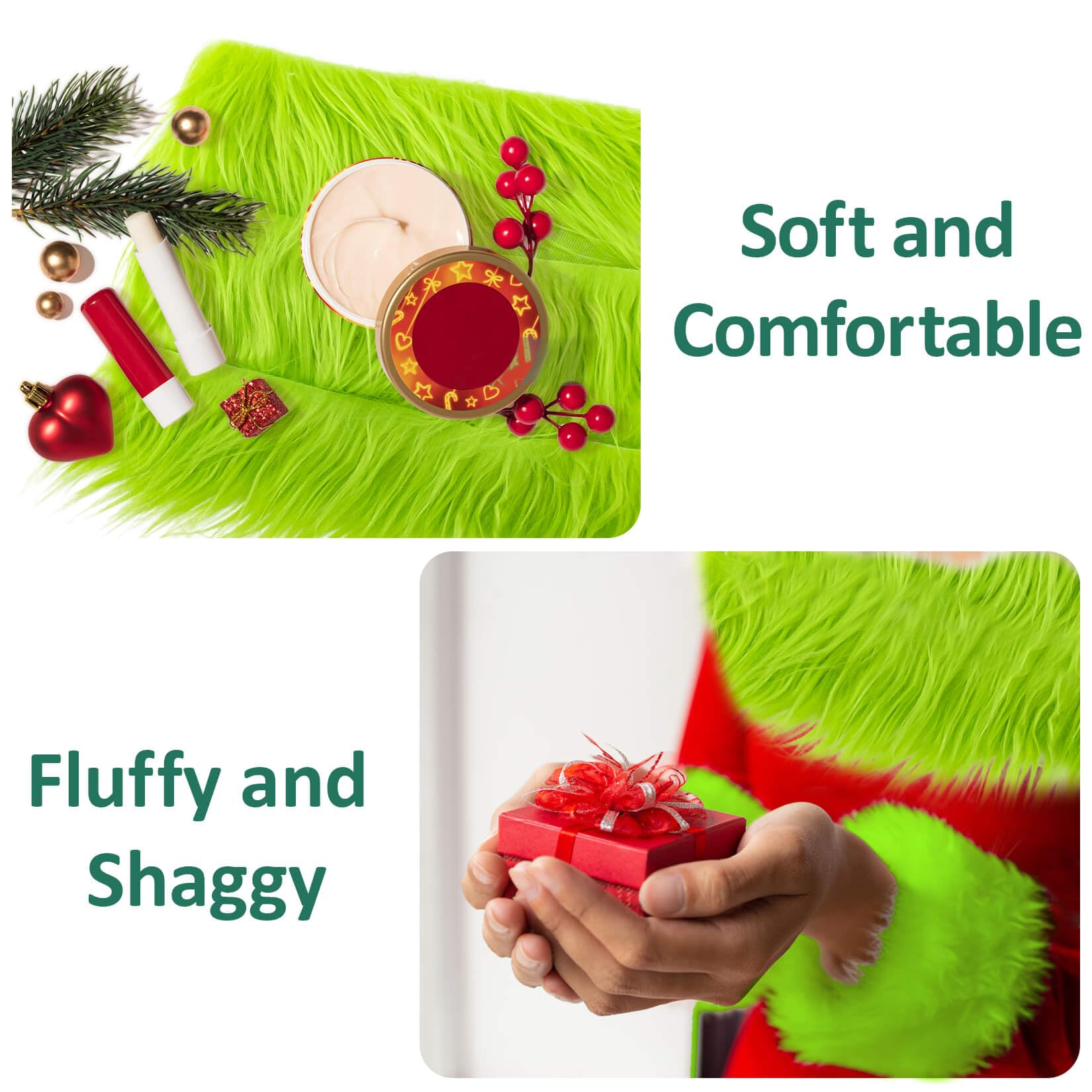 Sukh Shaggy Faux Fur Fabric - 2 x 60 inch Green Faux Fur Trim Precut Fabric Strips Soft Plush Patches for Fuzzy Craft Christmas Tree Trim Gnome Beard Cosplay Costume (1)