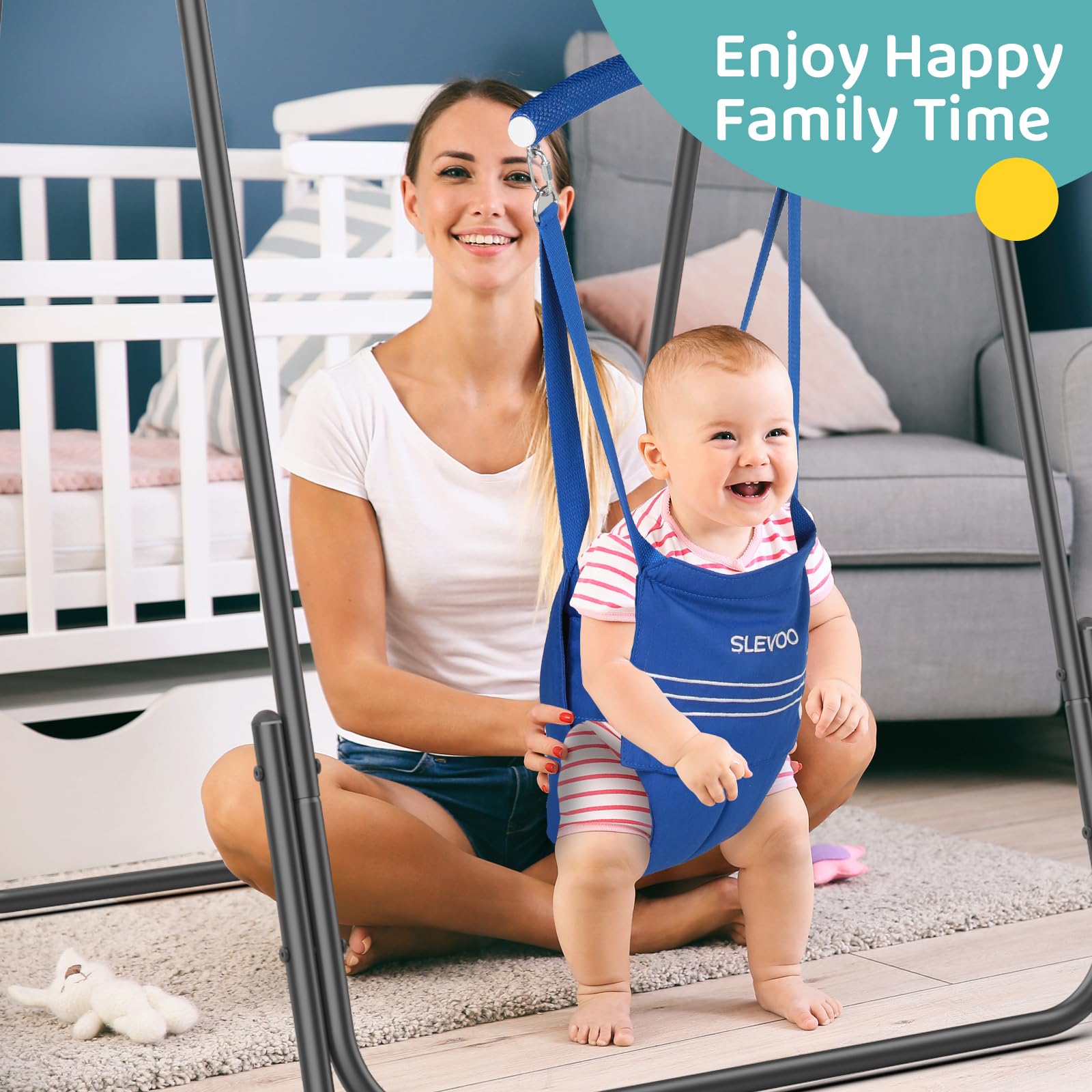 Slevoo 2 in 1 Baby Jumper and Swing, Toddler Swing Set with Foldable Stand, Ages 6 Months to 6 Years, for Indoor and Outdoor Fun, Blue