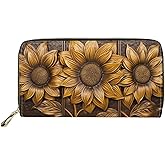 Sannovo Retro Sunflower Women Soft Leather Purses Zipper Protable Travel Wallet Long Shopping Pouch, Portable Zippered Women Purse Wallet, Gift for Mom, Gold