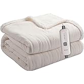 BRILLIO Electric Heated Blanket 62"x84" Twin Size Flannel & Sherpa - 4 Heat Settings & 10H Auto Shut Off for Safe Overnight Use, Fast Heating, Machine Washable for Bed, Couch, Office - White