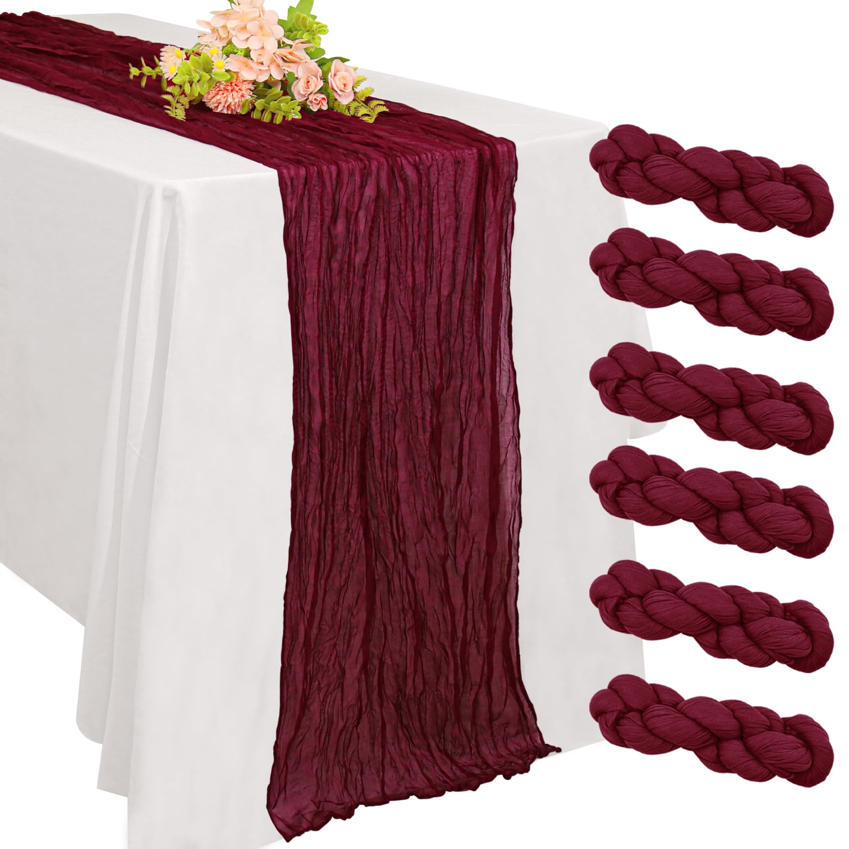 Photo 1 of 6 Pack 10FT Cheesecloth Table Runner 20 x 120 inch Long Boho Rustic Gauze Romantic Cheese Cloth Sheer Table Runner for Wedding Dining Event Birthday Anniversary Party Decoration(Burgundy)
