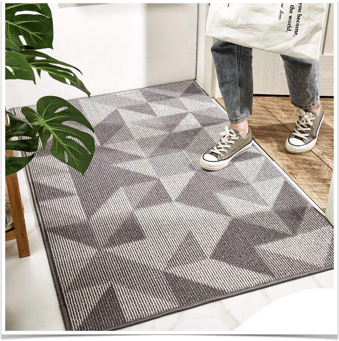 Indoor Doormat, 32"x 48" Absorbent Front Door Mat, Non Slip Rubber Backing Entryway Rug, Inside Floor Mud Dirt Trapper Entrance Door Rug Shoes Welcome Mat, Machine Washable Profile-Grey Geometric