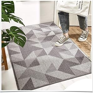 Indoor Doormat, 32"x 48" Absorbent Front Door Mat, Non Slip Rubber Backing Entryway Rug, Inside Floor Mud Dirt Trapper Entrance Door Rug Shoes Welcome Mat, Machine Washable Profile-Grey Geometric