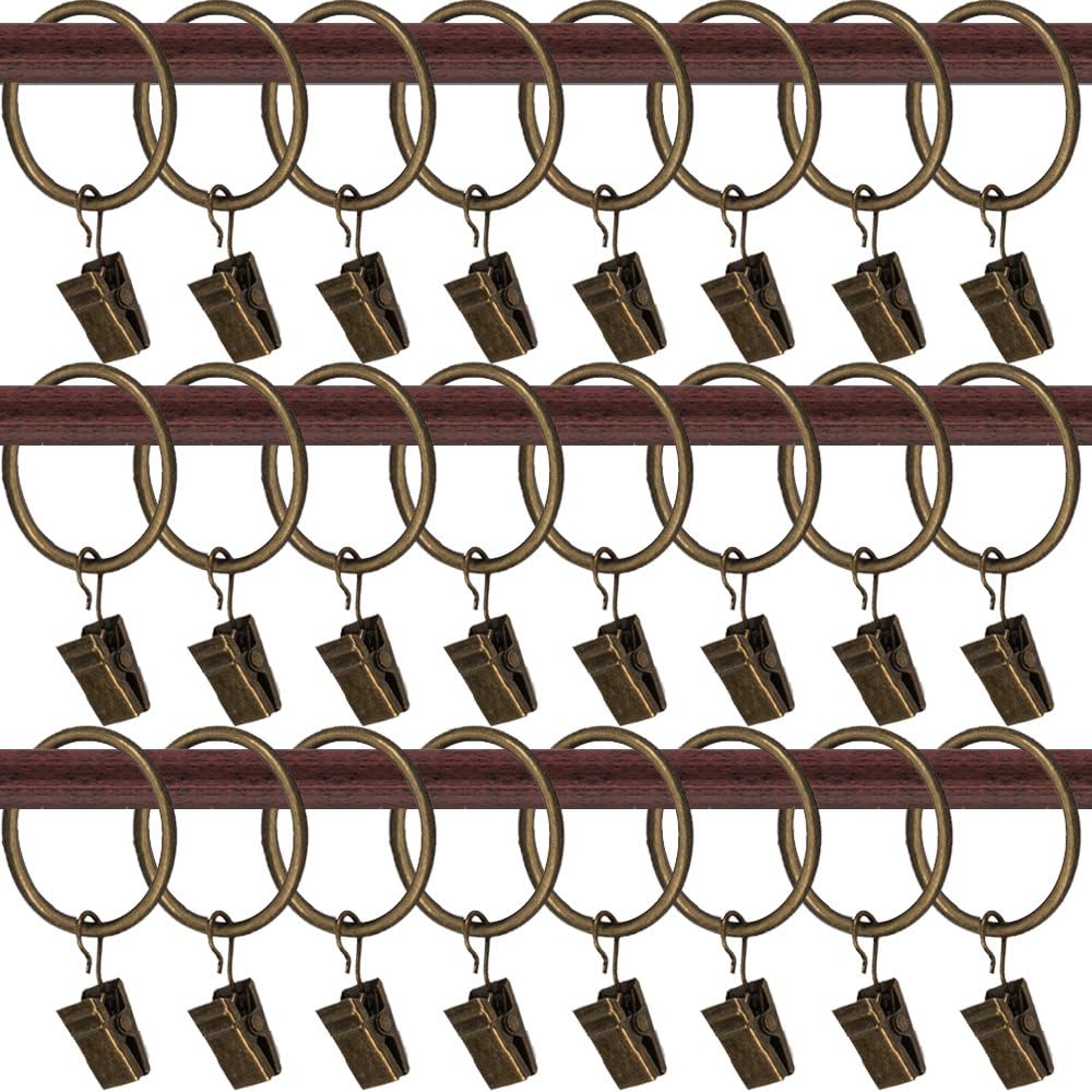 AWOPEN Set of 24 Metal Curtain Rings with Clips and Eyelets - Window Curtain Rod Clips - Black Silver Copper - Metal Curtain Ring Hooks with Clip/Drapery Clip Rings (Copper)