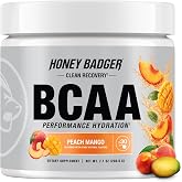 Honey Badger BCAA + EAA Amino Acids Powder, BCAAs + L-Glutamine, Keto, Vegan, Sugar Free for Men &amp; Women, Hydration &amp; Post Workout Muscle Recovery Drink Mix, Peach Mango, 30 Servings