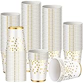 Dingion 200 Pcs 8oz White Gold Paper Party Cups Disposable Glitter Foil Drinks Hot Cold Dot Coffee Tea Cups for Birthday Wedding Bridal Shower Holiday Anniversary Party Favors