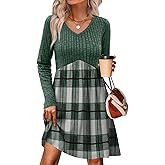 OFEEFAN Long Sleeve Sweater Dress Fall Dresses 2025 V Neck Empire Waist Baby Doll Dresses Women Casual Dress with Pockets