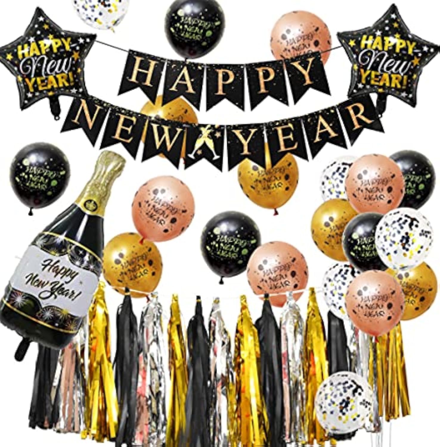 eBoutik - Happy New Year 2026 Decorations - Party Accessories for Indoors & Outdoors - New Years Eve Party Pack (Happy New Year (Black, Pink, Silver, Gold))