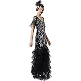 BABEYOND Women's Flapper Dress 1920s V-Neck Evening Gown Sequin Beaded Maxi Dress for Wedding Black Gold