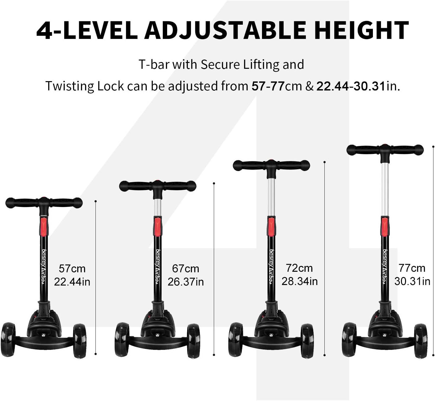 besrey Kids Scooter, Big Wheels Foldable Kick Scooter with Flashing LED Lights for Boys Girls 4 Levels Height Adjustable - Image 3