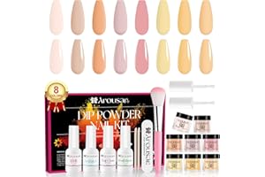 Arousar Dip Powder Nail Set Starter, 8 Colors Nude Yellow Rose Dipping Powder System Liquid Set, Nail Tools for French Nail Art Manicure Salon DIY at Home, Color 24
