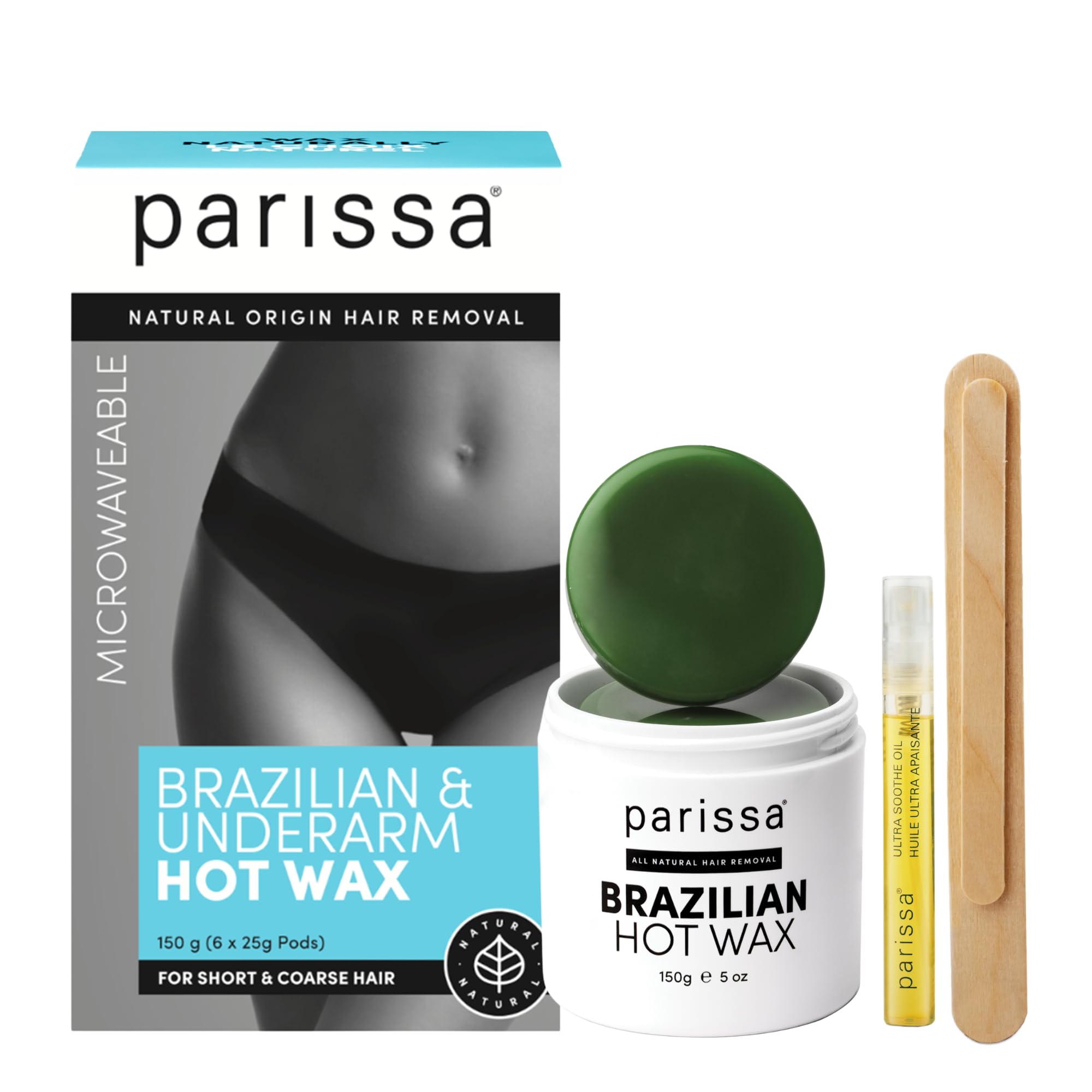 Parissa Brazilian & Underarm Hot Wax At-Home Waxing Kit, No-Strip & Microwavable Formula for Hair Removal on Bikini or Body, Blue