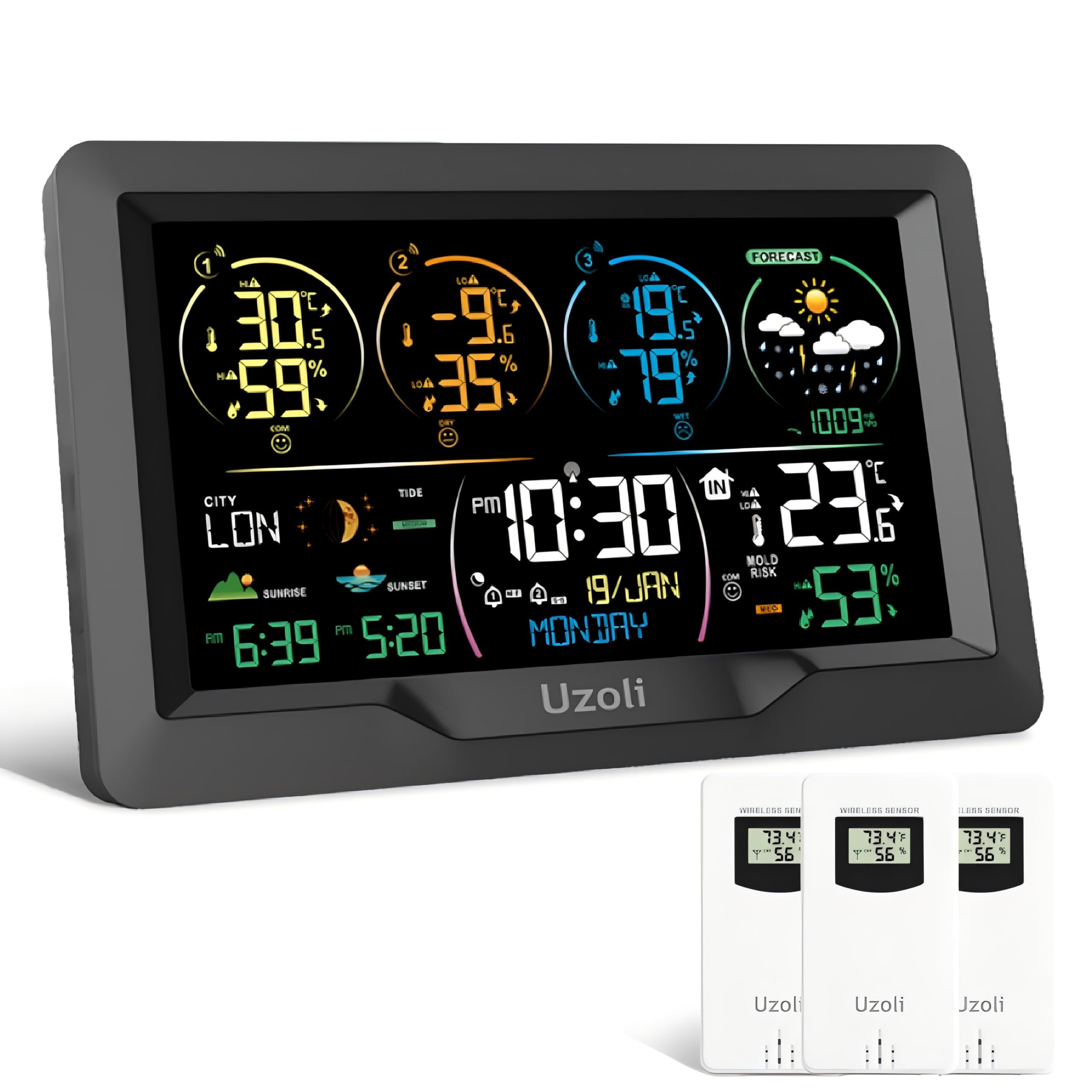 Photo 1 of **UNTESTED**
Uzoli EM3390 7.5" Weather Station, Weather Station Wireless Indoor Outdoor Thermometer, Digital Weather Stations 3 Sensors with Atomic Clock, Barometer, Moon Phase, Large Screen Monitor for Home Use