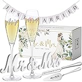 Gnollko Engraved Mr and Mrs Champagne Flutes with Wooden Sign Set,Toasting Glasses for Bride and Groom,Wedding Cake Knife and Server Set with Just Married Banner for Reception and Ceremony