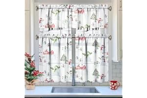 Xsinufn Winter Kitchen Curtains Valances 3 Piece Set, Christmas Snowman Xmas Tree Rod Pocket Short Tier Curtain Over Sink Window, Farmhouse Cafe Curtains for Holiday Decor 36 Inch