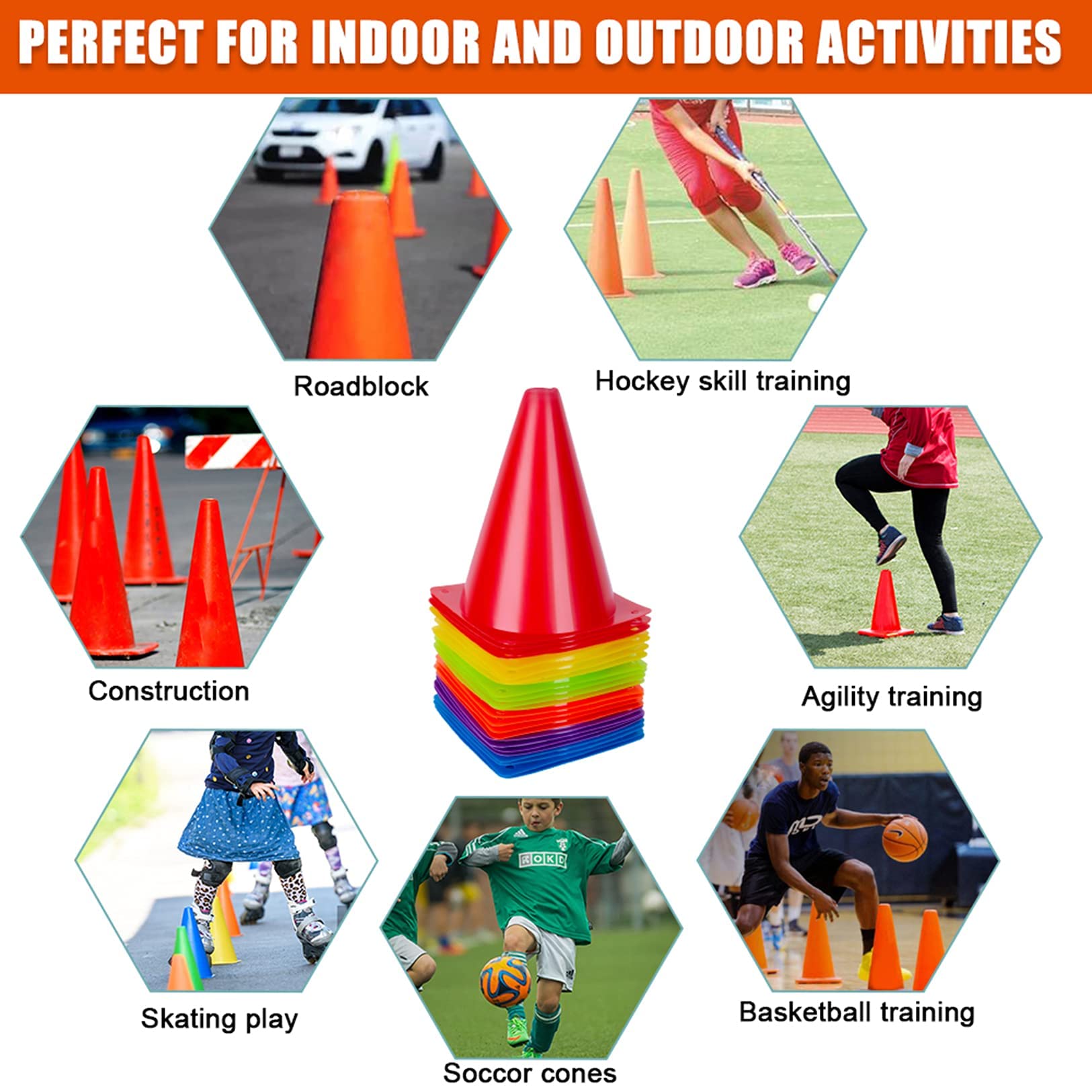 7 Inch Soccer Cones, 24 Pack Cones Sports Training Agility Field Marker Plastic Cones for Skating Basketball Football Practice Drills, Indoor Outdoor Activity Events Games Obstacle Course - 6 Colors