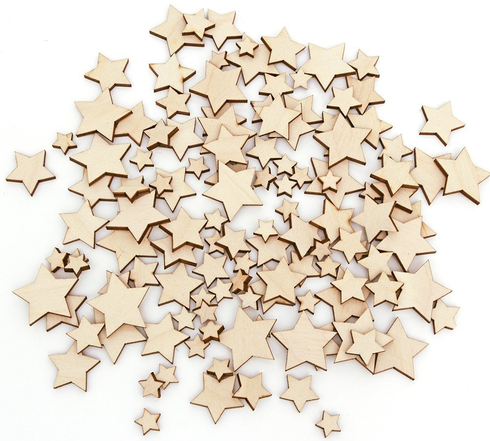 CCINEE 100 Pieces Mixed Natural Wooden Stars Wooden Crafts for Christmas Tree Hanging Decoration