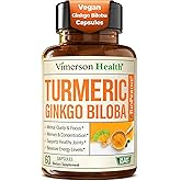 Ginkgo Biloba and Turmeric Curcumin Supplement with Black Pepper & Organic Tumeric – Natural Turmeric Supplement for Focus, Memory, Joint & Brain Health – 60 Vegan Ginko Biloba Capsules with Curcuma