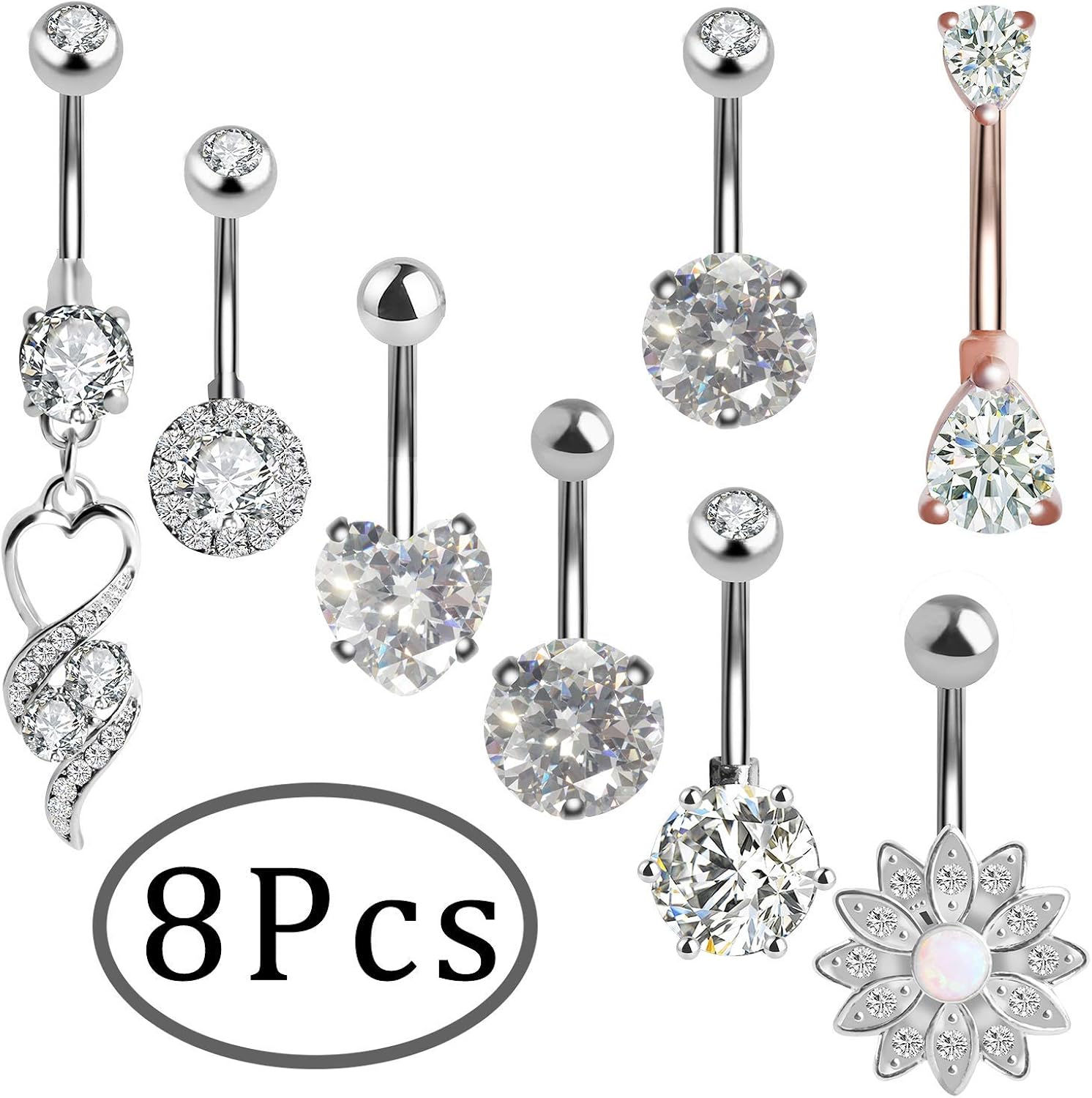 ONESING 8 Pcs Belly Button Rings Belly Bars Navel Piercing Curved Body Piercing