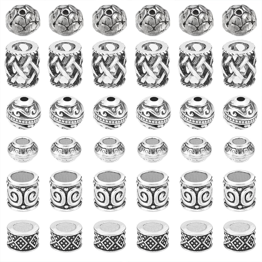 NBEADS 120 Pcs 6 Styles Tibetan Style Alloy Beads, Column/Lotus Flower/Round/Rondelle Large Hole Beads Antique Silver European Beads Spacer Beads Charm for DIY Jewelry Craft Making