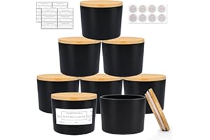 CONNOO 8 Pack 12 OZ Black Glass Wide Mouth Candle Jars for Making Candles with Airtight Bamboo Lids Nice Sticky Warning Labels for Candle Making Empty Container Bulk - Dishwasher Safe