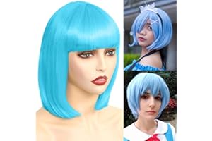 Akkya Blue Bob Wigs with Bangs for Women Short Colored Straight Synthetic Hair Sky Blue Wig for Party Halloween Costume Cosplay (12inch,Sky Blue)