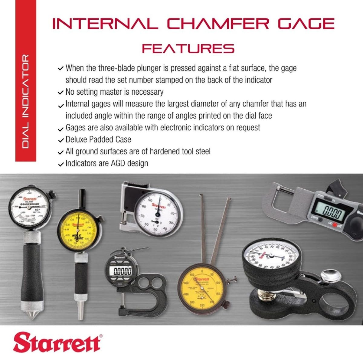 Starrett Inch Reading Dial Indicator Internal Chamfer Gage 01" Range
