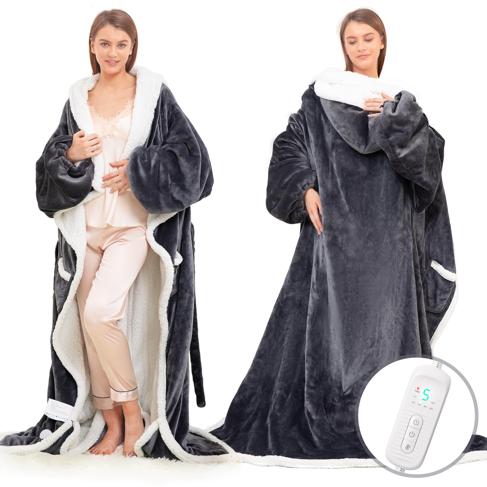 Photo 1 of Wearable Heated Blanket with Foot Pocket, Electric Wearable Throw Blanket with Sleeves, Hood, Portable Heated Blanket with 8 Heat Levels, 1-10H Auto-off Settings, Gift for Family, Friends, 50*83"