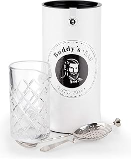 Buddy´s Bar - Rühr-Set, Rührglas 500 ml, schwere Qualität, 27 cm Barlöffel, Strainer/Barsieb, Edelstahl hochglanzpoliert, lebensmittelecht, spülmaschinenfest, Bar-Set inklusive Geschenkbox