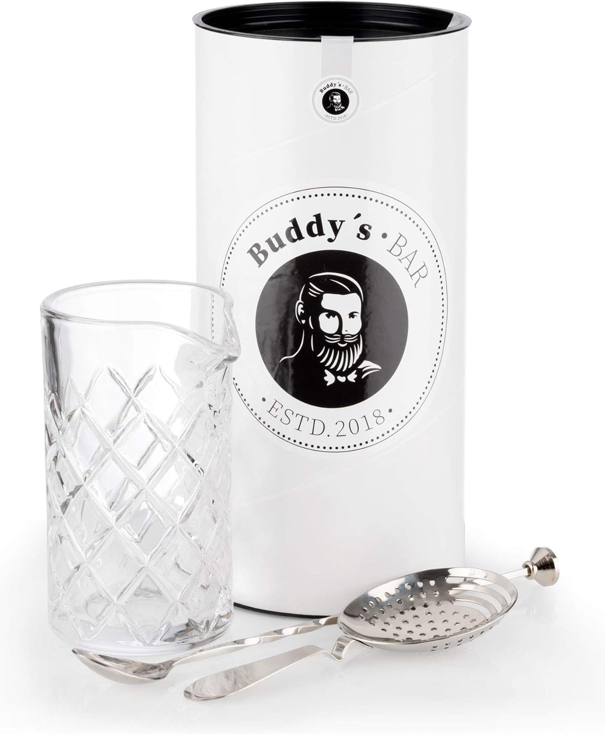 Buddy´s Bar - Rühr-Set, Rührglas 500 ml, schwere Qualität, 27 cm Barlöffel, Strainer/Barsieb, Edelstahl hochglanzpoliert, lebensmittelecht, spülmaschinenfest, Bar-Set inklusive Geschenkbox