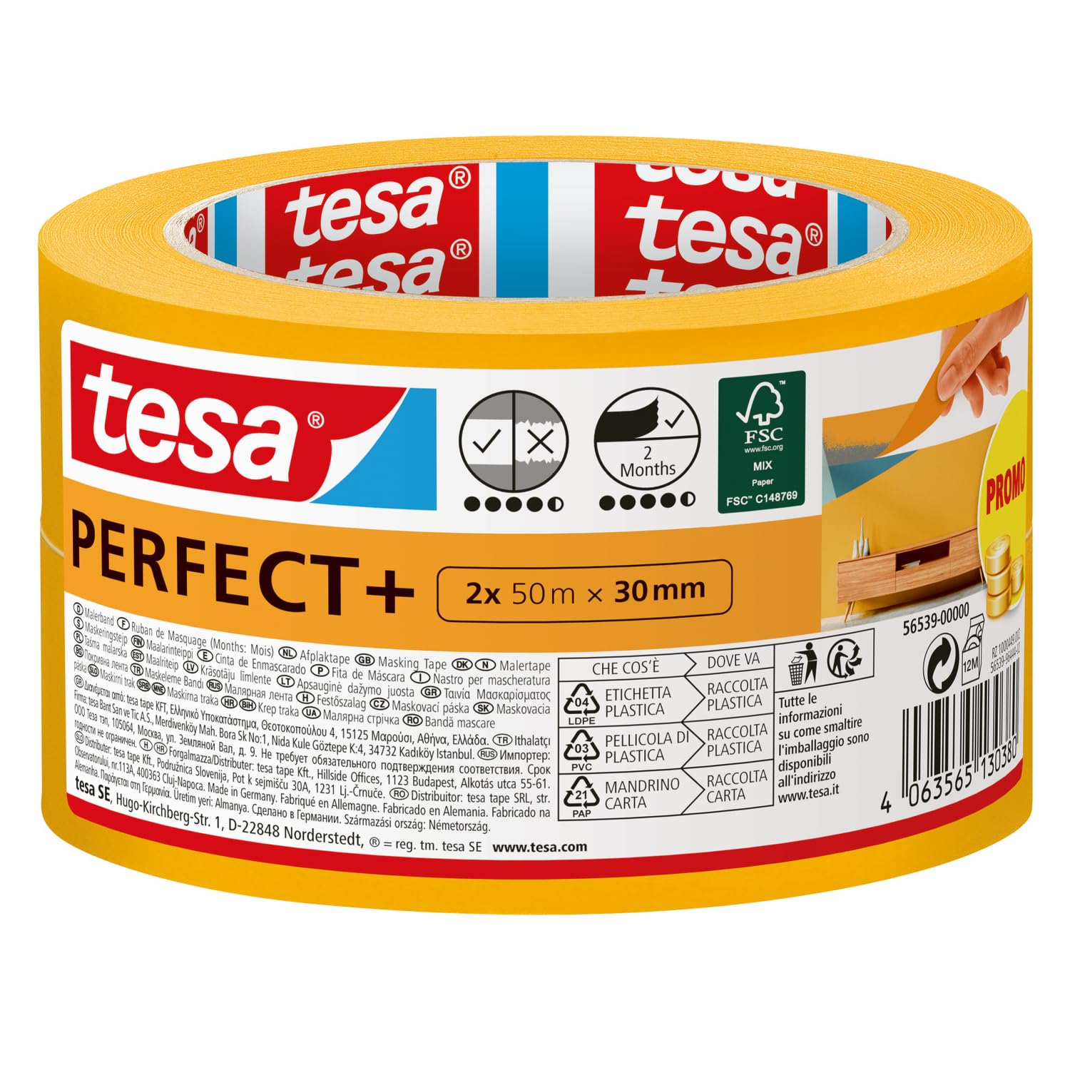 tesa Masking Tape PerfectPlus - Painter's Tape Made of Thin Washi Paper for Precise Masking During Painting Work - for Indoor use - 2X 50 m x 30 mm
