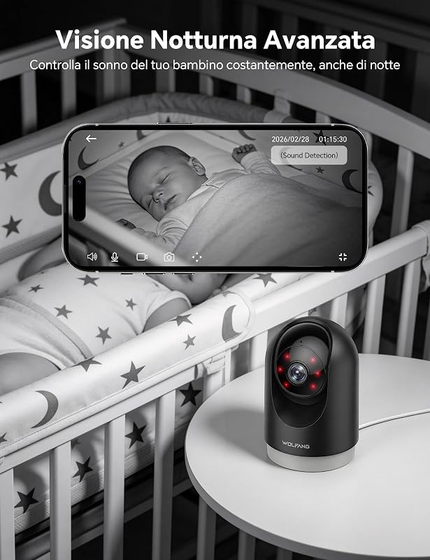 Telecamera Wi-Fi Interno 2K, Telecamera per Cani con Rilevamento Movimento e Visione Notturna, Baby Monitor con Audio Bidirezionale, Compatibile con Alexa/Google, Senza Canone Mensile