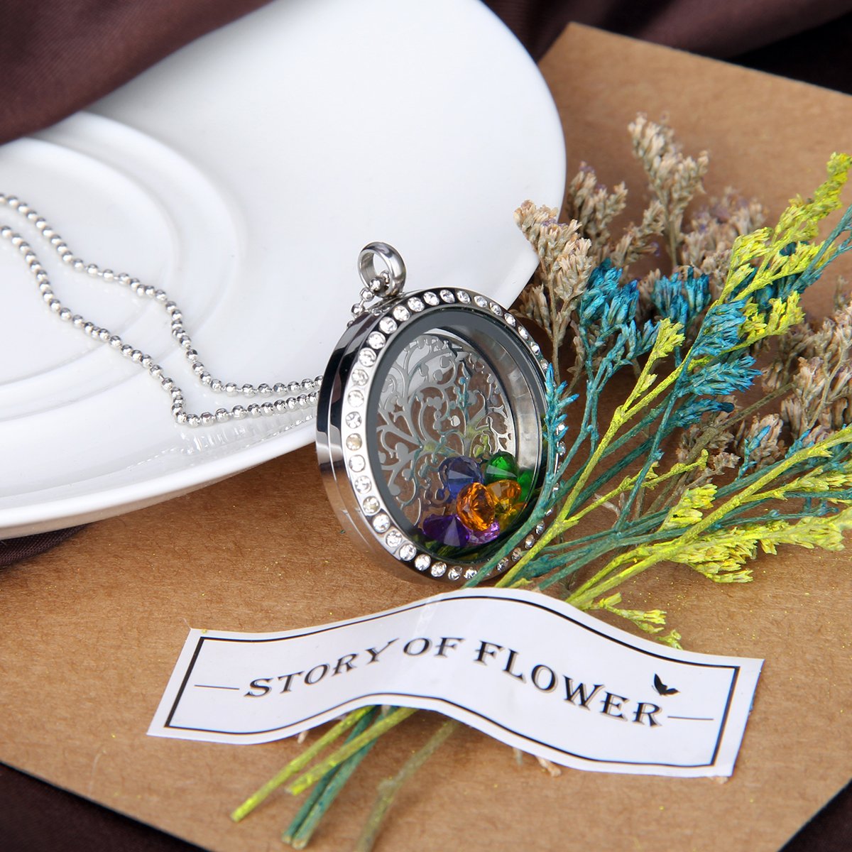 EBOETA Birthstone Pendant Necklace Floating Charm Locket Necklace Gifts for Mom Grandma Sister Friends