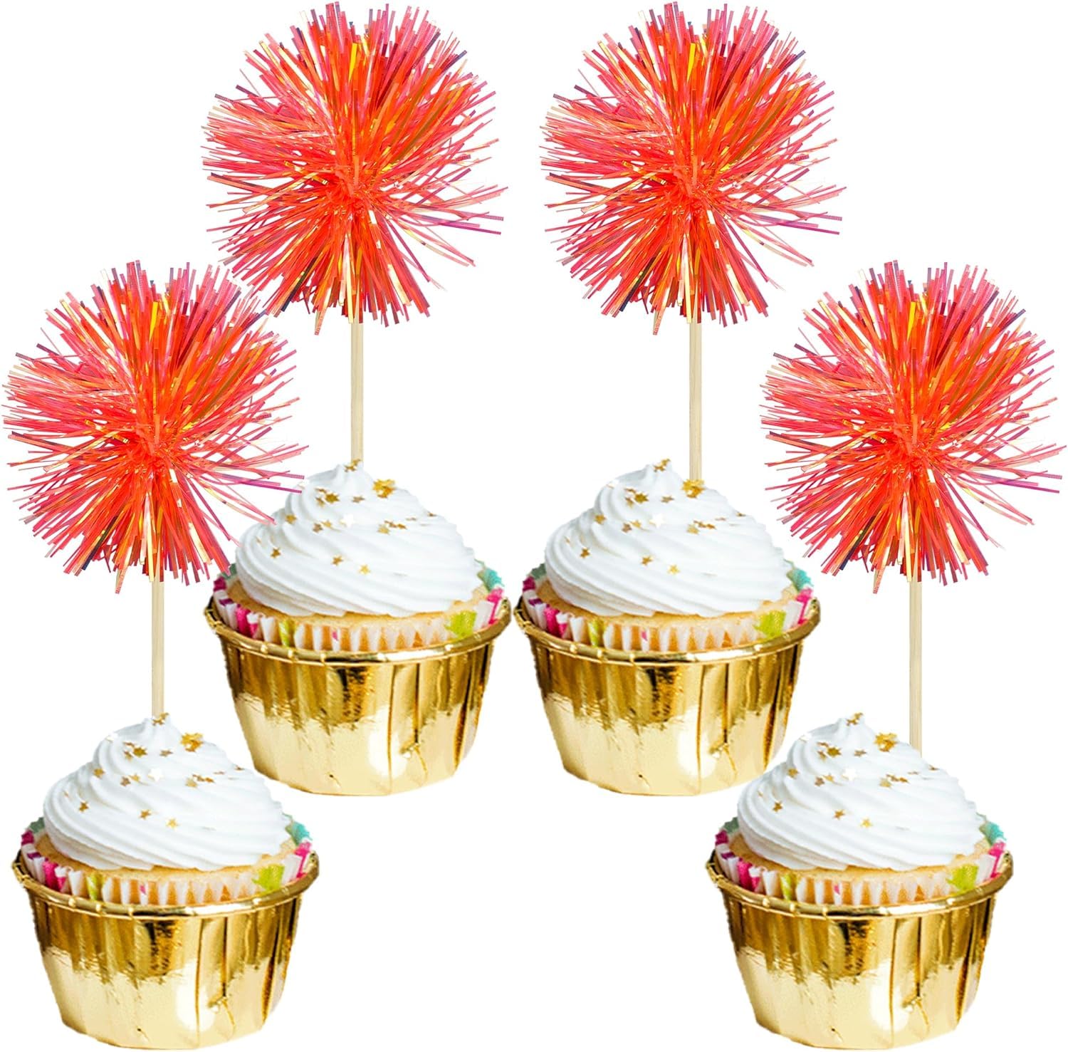 Nymora 30Pcs Foil Firework Cupcake Toppers Sparkle Tinsel Cake Toppers Tinsel Drink Cake Decoration Cocktail Picks for Birthday Wedding Graduation Party Supplies Dark Orange β image 1