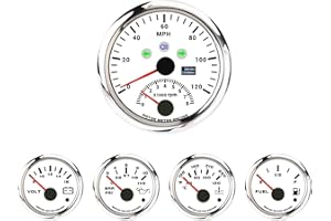 MOTOR METER RACING W PRO Series 5 Gauge Set - 85mm 3-3/8" 2 in 1 GPS Speedometer & Tachometer 52mm 2-1/16" Volt, Fuel Level, Water Temperature & Oil Pressure White Dial Red LED - for Car, Boat Truck