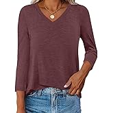 Ovanviso Womens V Neck 3/4 Sleeve T Shirts Casual Curved Hem Tunic Tops Basic Loose Fit Tees Fall Outfits