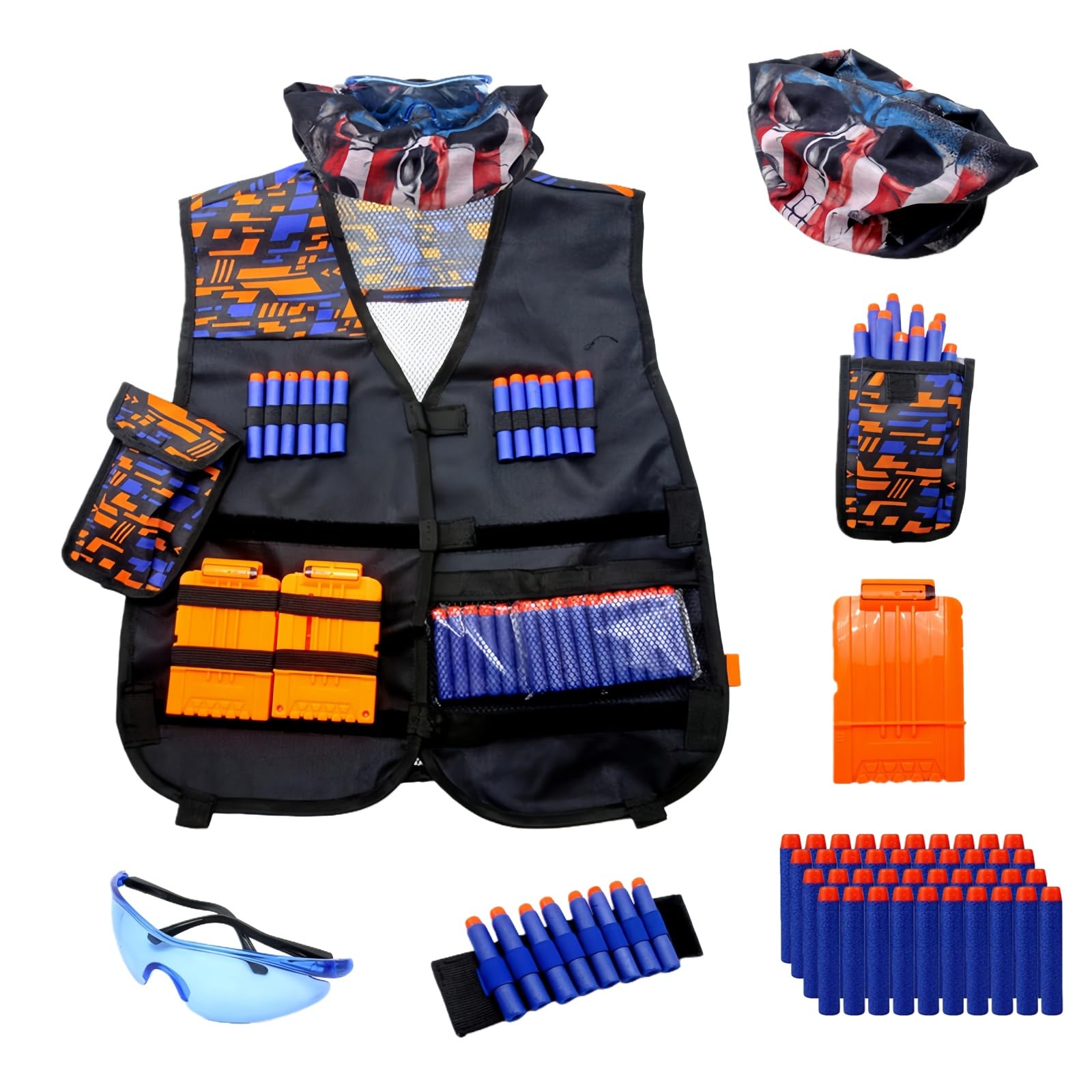 Tactical Vest Kit for Nerf Guns with 40 Foam Darts, Reload Clips, Refill Darts, Wrist Band, Tactical Mask, Protective Glasses for Kids Age 3+, Children Gifts for Birthday, Christmas