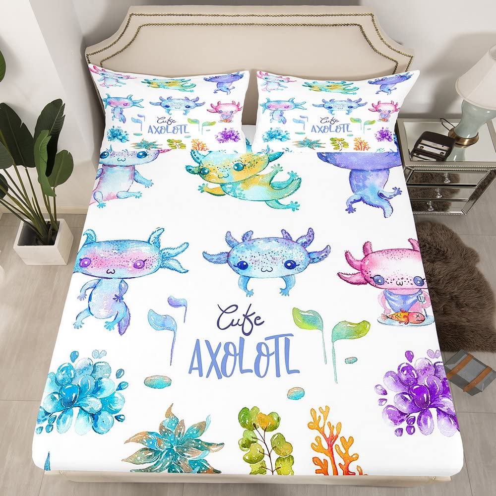 Cartoon Axolotl Bedding Sheet Kawaii Axolotl Fitted Sheet for Kids Boys Girls Teens 3D Animals Bed Sheet Set Breathable Salamander Watercolor Comforter Cover Single Size