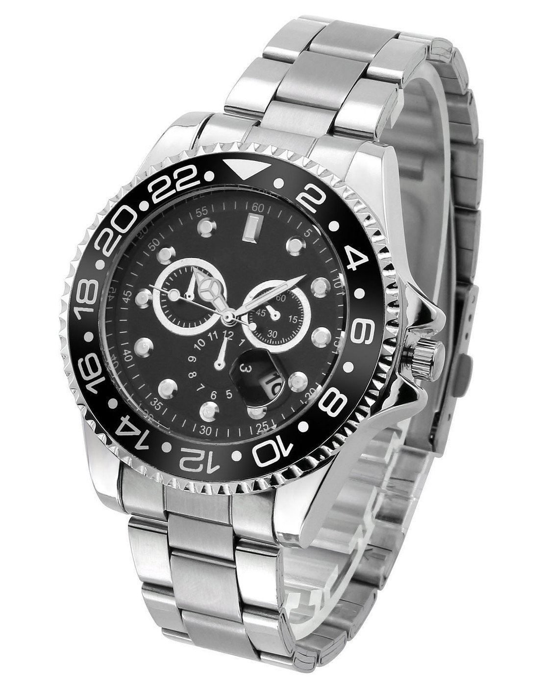 Top Plaza Men\'s Fashion Casual Full Steel Sports Watch 30M Waterproof Arabic Numerals Classic Business Second Hand Calendar Analog Quartz Wrist Watch(Black Dial Silver Band)